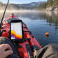 SonarKule floating next to the kayak while the phone shows the bottom
