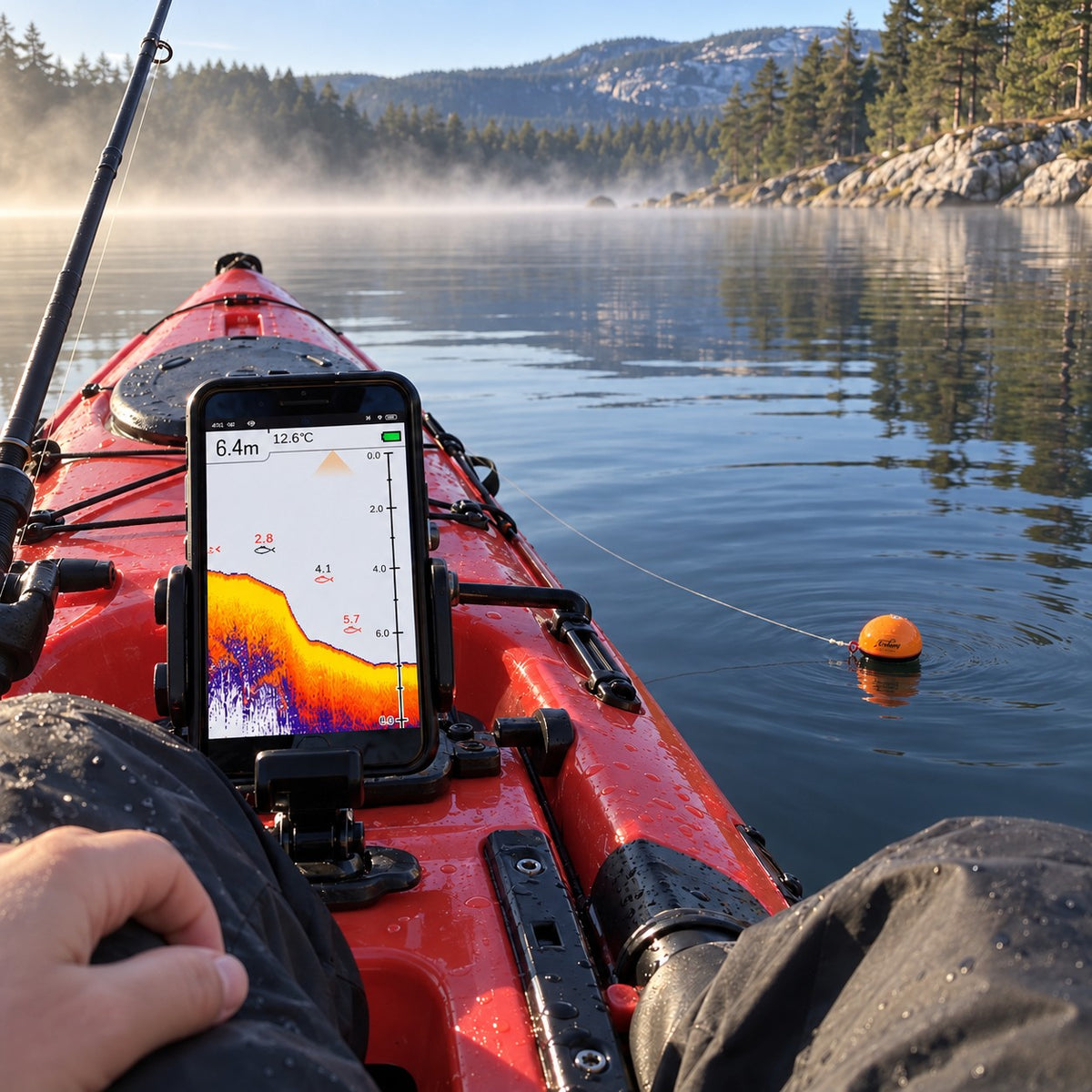 SonarKule floating next to the kayak while the phone shows the bottom