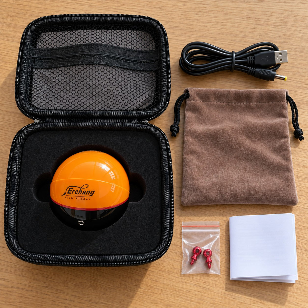 SonarKule in a hard case with charging cable, pouch, line clips and manual