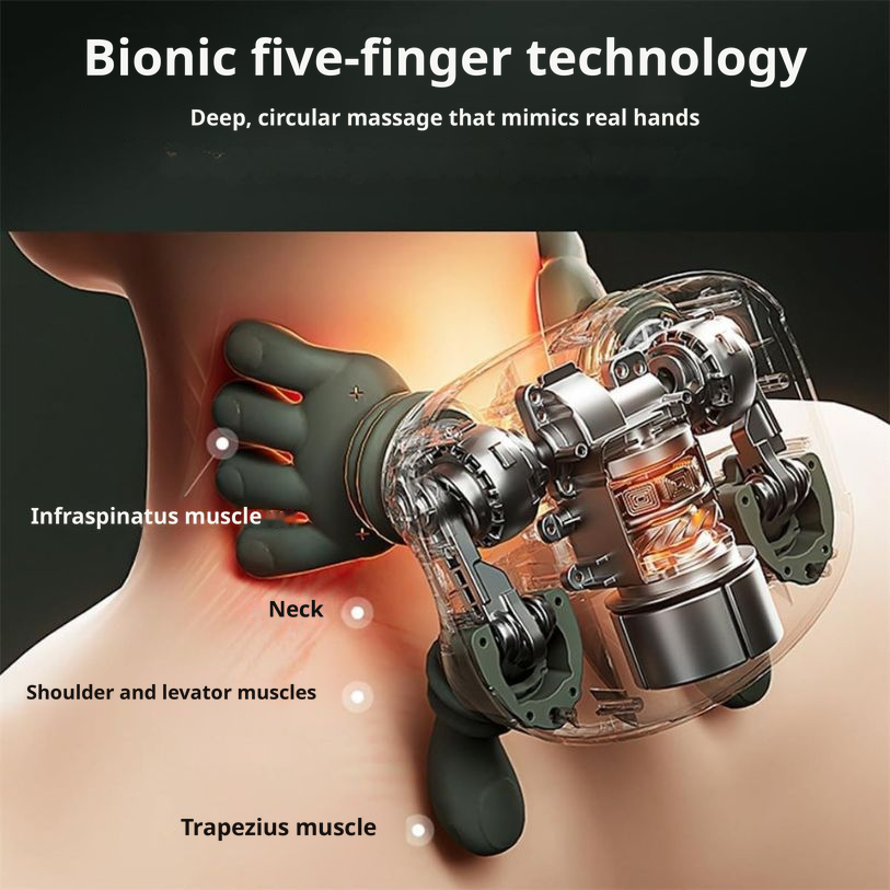Velura 4D massage illustration showing five-finger contact points around the neck and shoulders; illustrative internal view