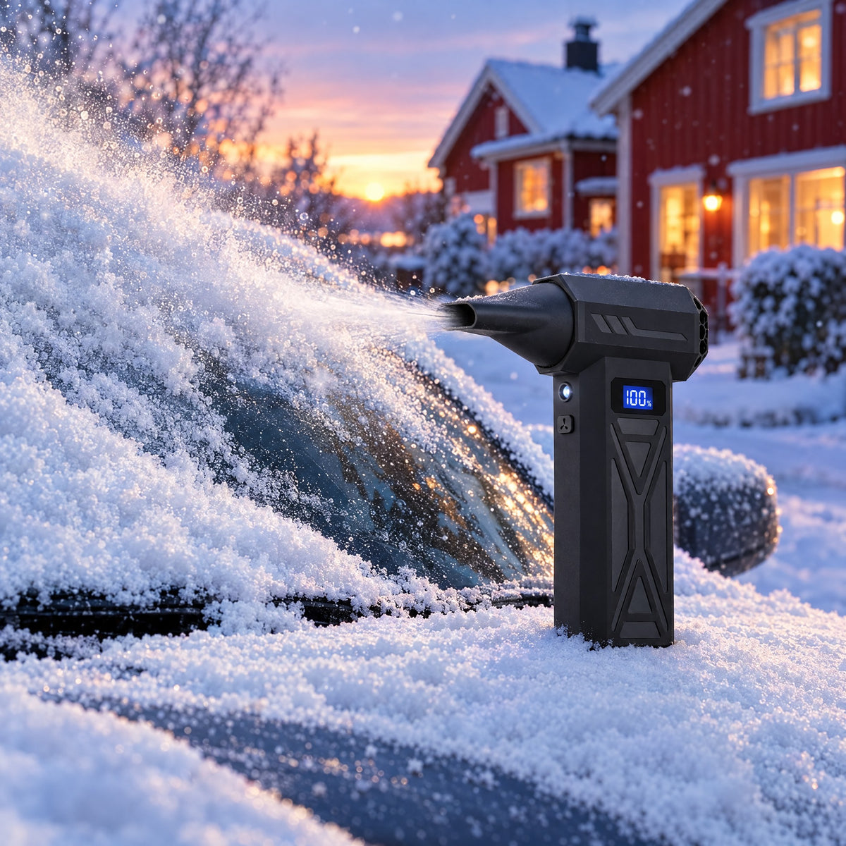 Vindkast turboblåser står på et snødekt bilpanser og blåser snøen av frontruta en vintermorgen