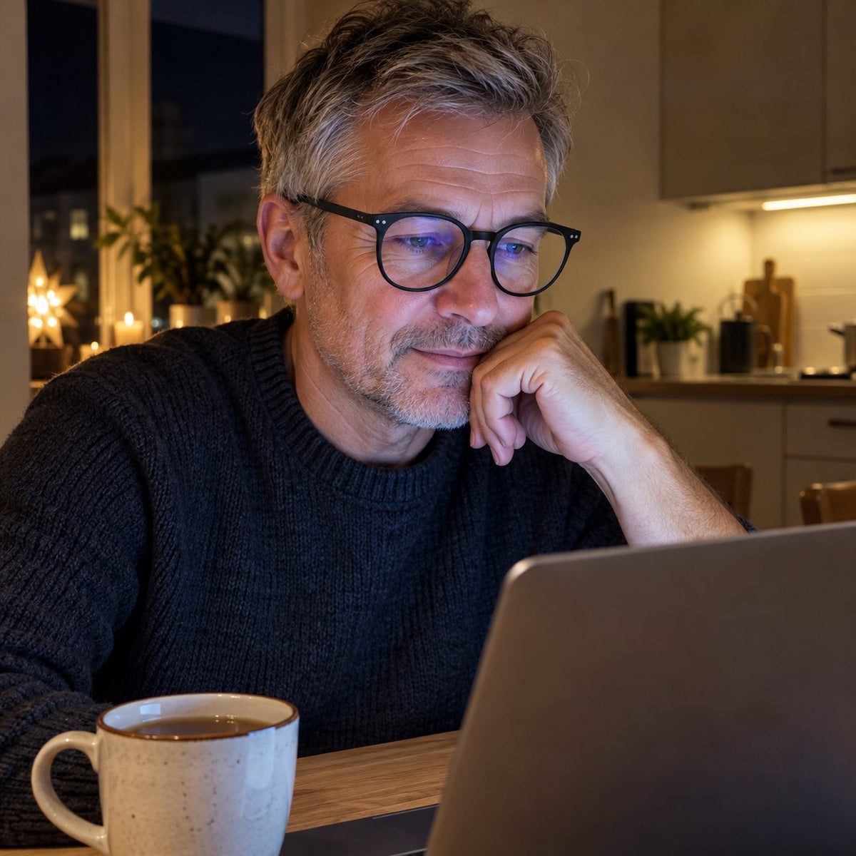 Mann i 50-årene med svarte blålysbriller ved laptopen en mørk kveld