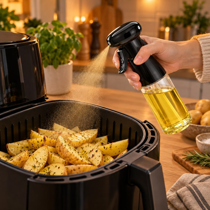 Oljespray sprayer fin oljetåke over potetbåter i airfryer