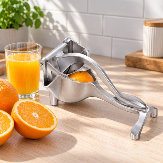 Juicepresser i blank metall på kjøkkenbenken med appelsin og et glass ferskpresset juice