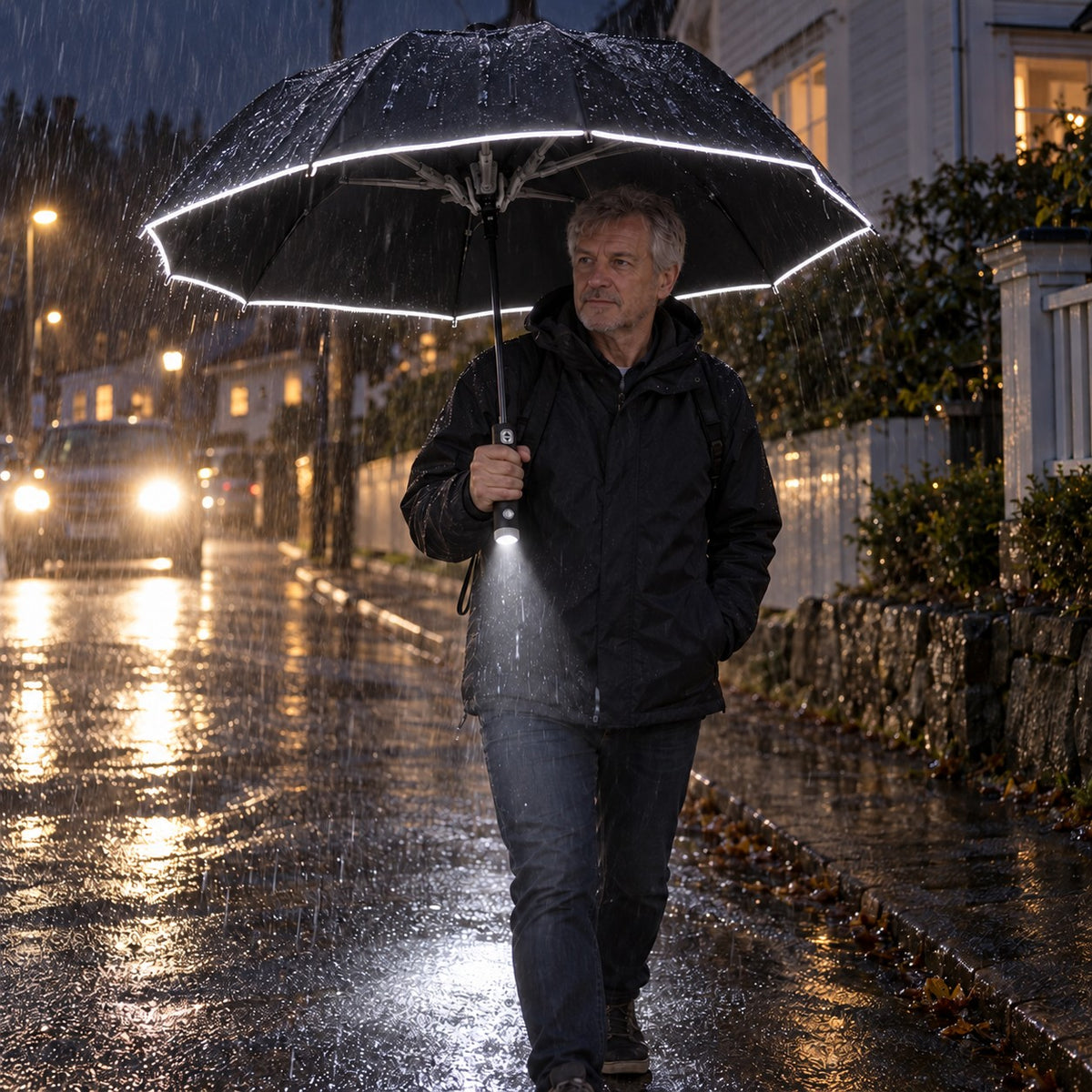 Mann med Paratekk-paraply i regnvær om kvelden, refleks og lommelykt lyser