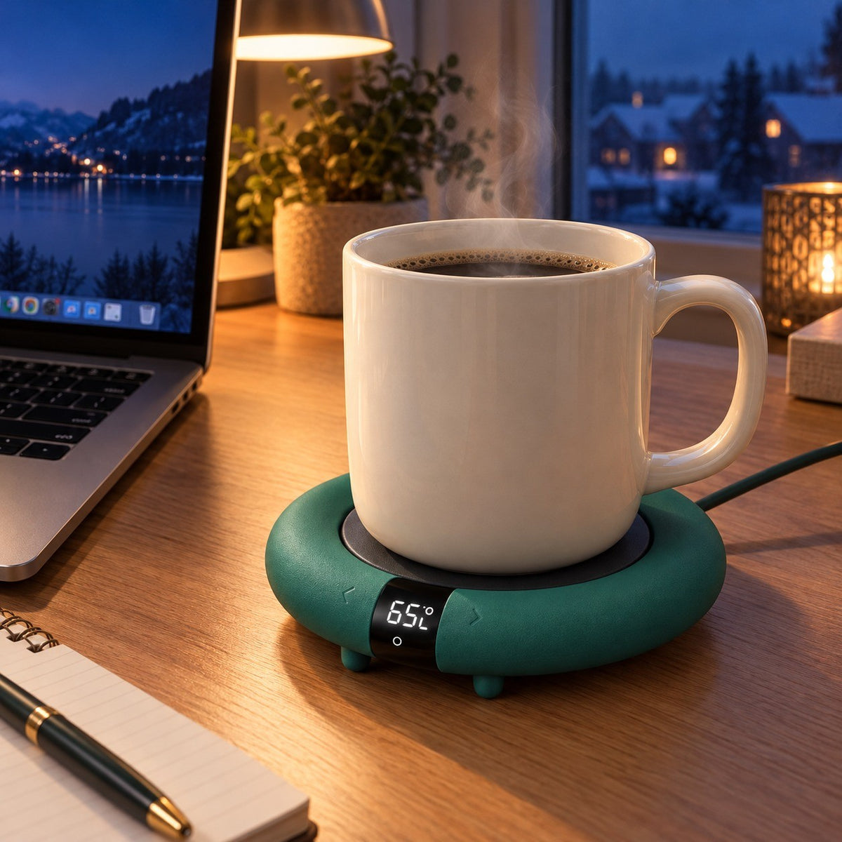 Grønn koppvarmer med kaffekopp på hjemmekontoret en mørk vintermorgen, displayet viser 65 grader