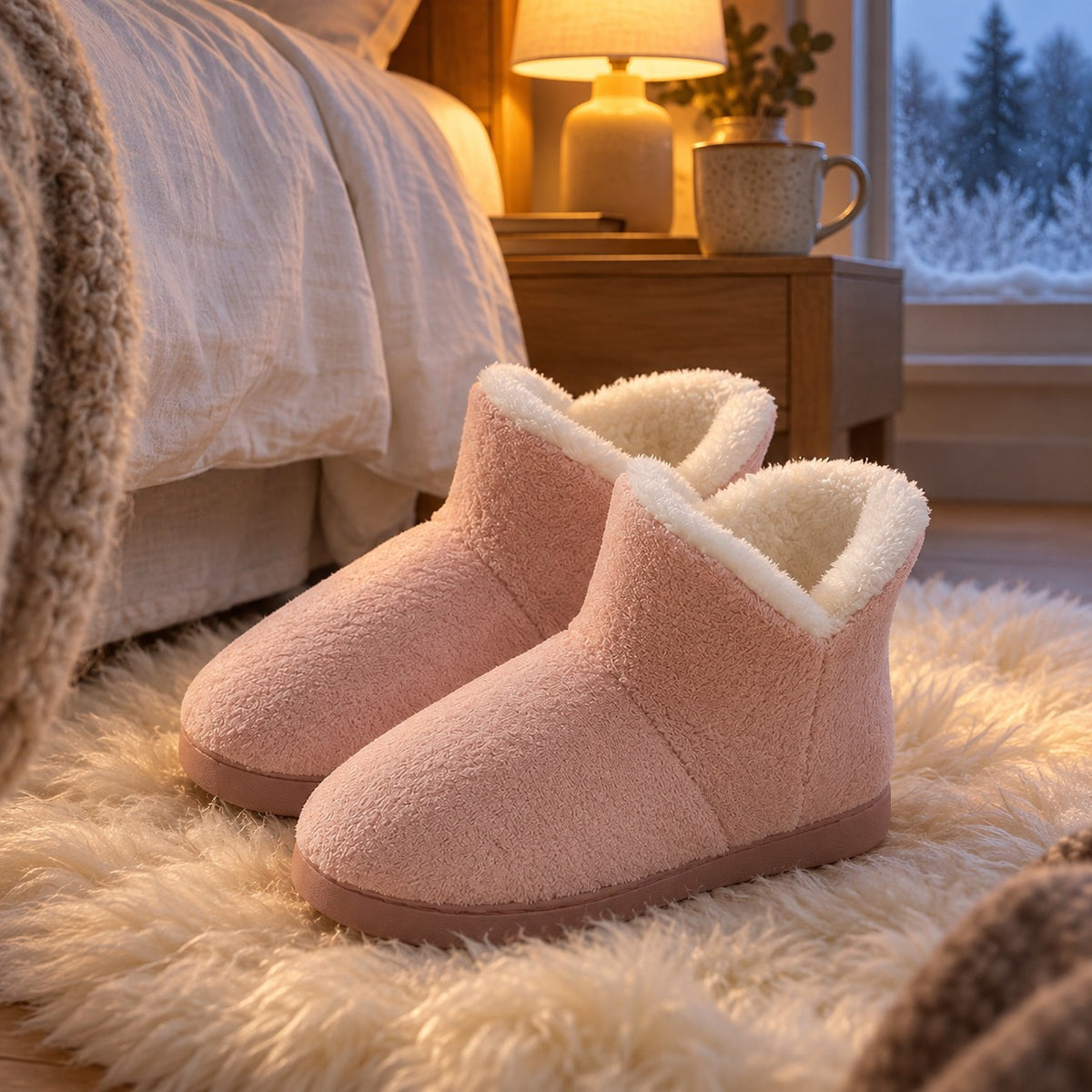 Rosa FluffyShoe innesko på saueskinn ved senga en vintermorgen