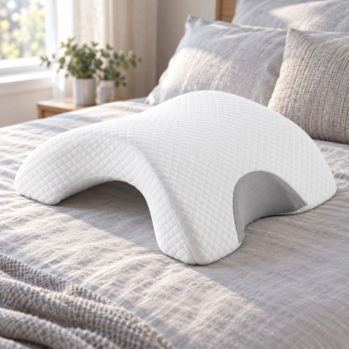 CuddlePillow med armtunnel på en oppredd seng i morgenlys