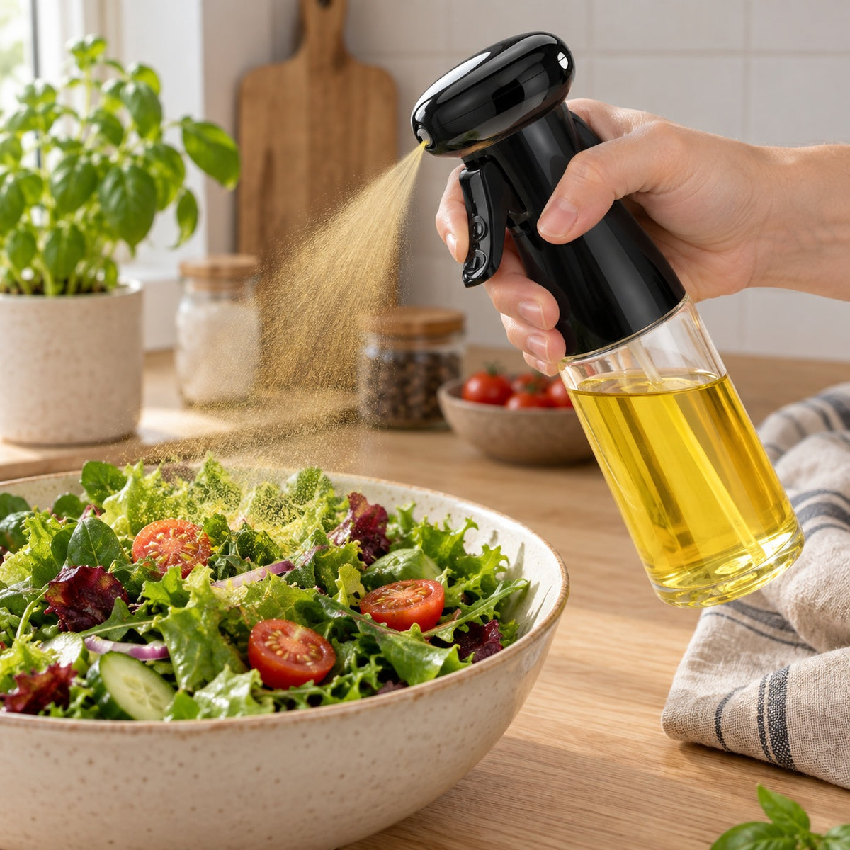 Oljespray med svart spraytopp som spruter en fin tåke av olivenolje over en salat