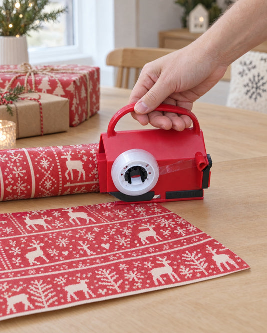 Hand sliding Pakkit along a roll of wrapping paper, with a straight-cut sheet in front