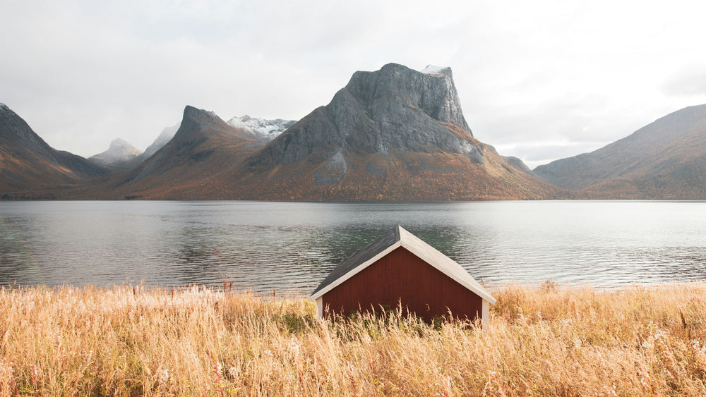 Rød hytte ved fjorden