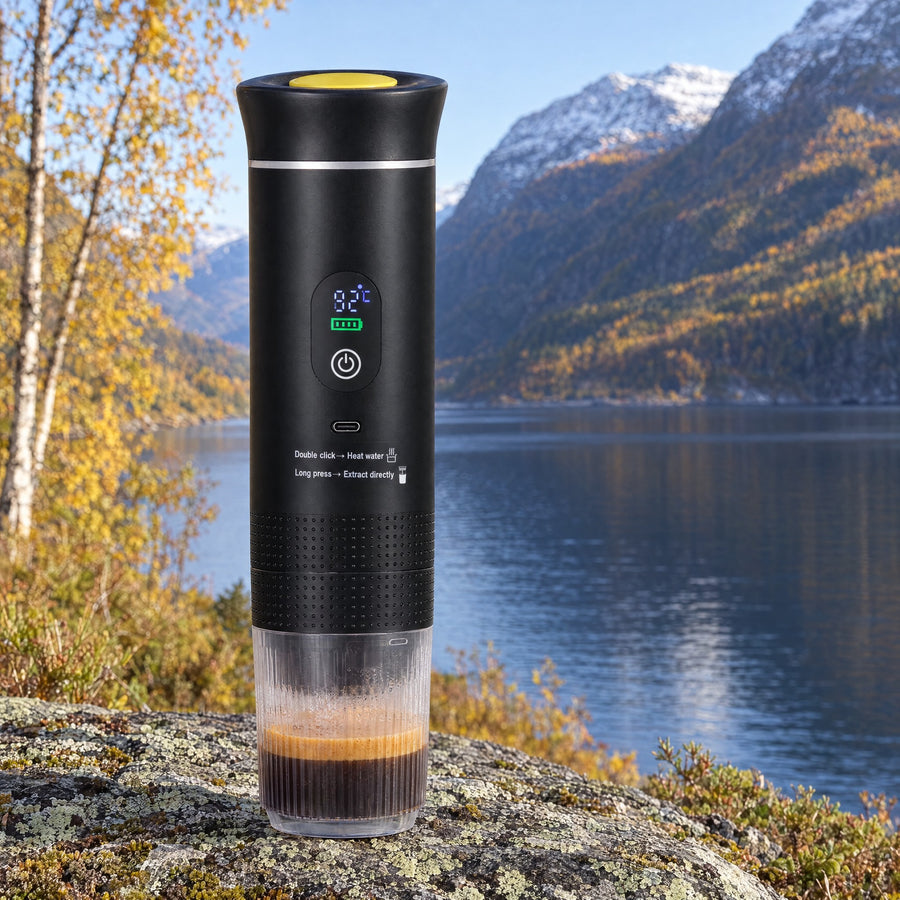 Turbarista bærbar espressomaskin med ferdig espresso på en stein ved fjorden