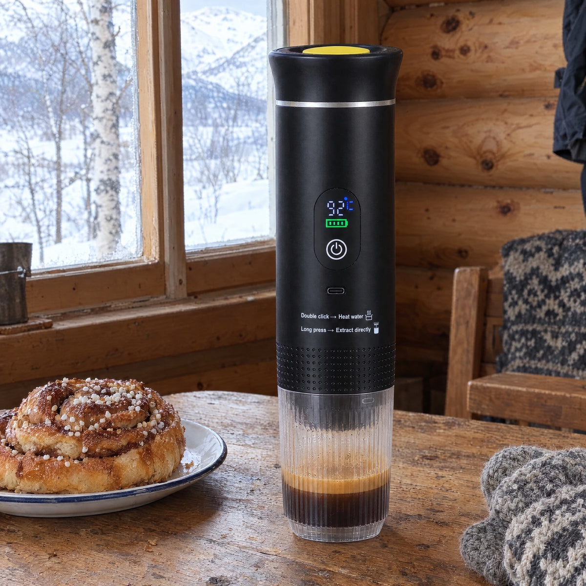 Turbarista på hyttebordet med kanelbolle og ullvotter
