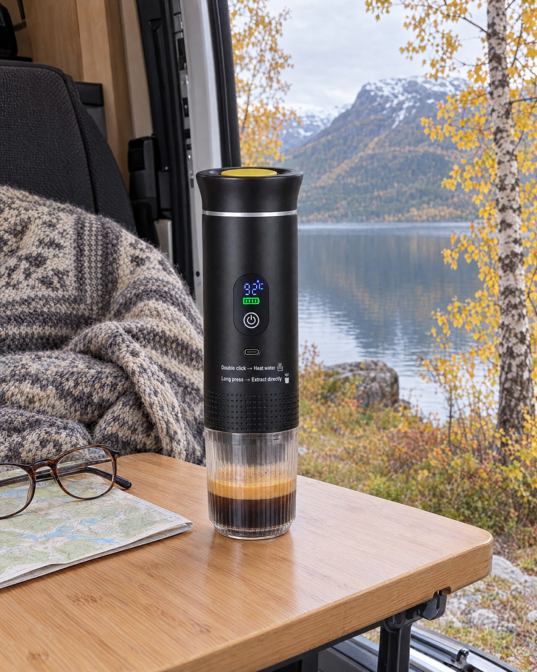 Turbarista på bordet i bobilen ved et fjellvann