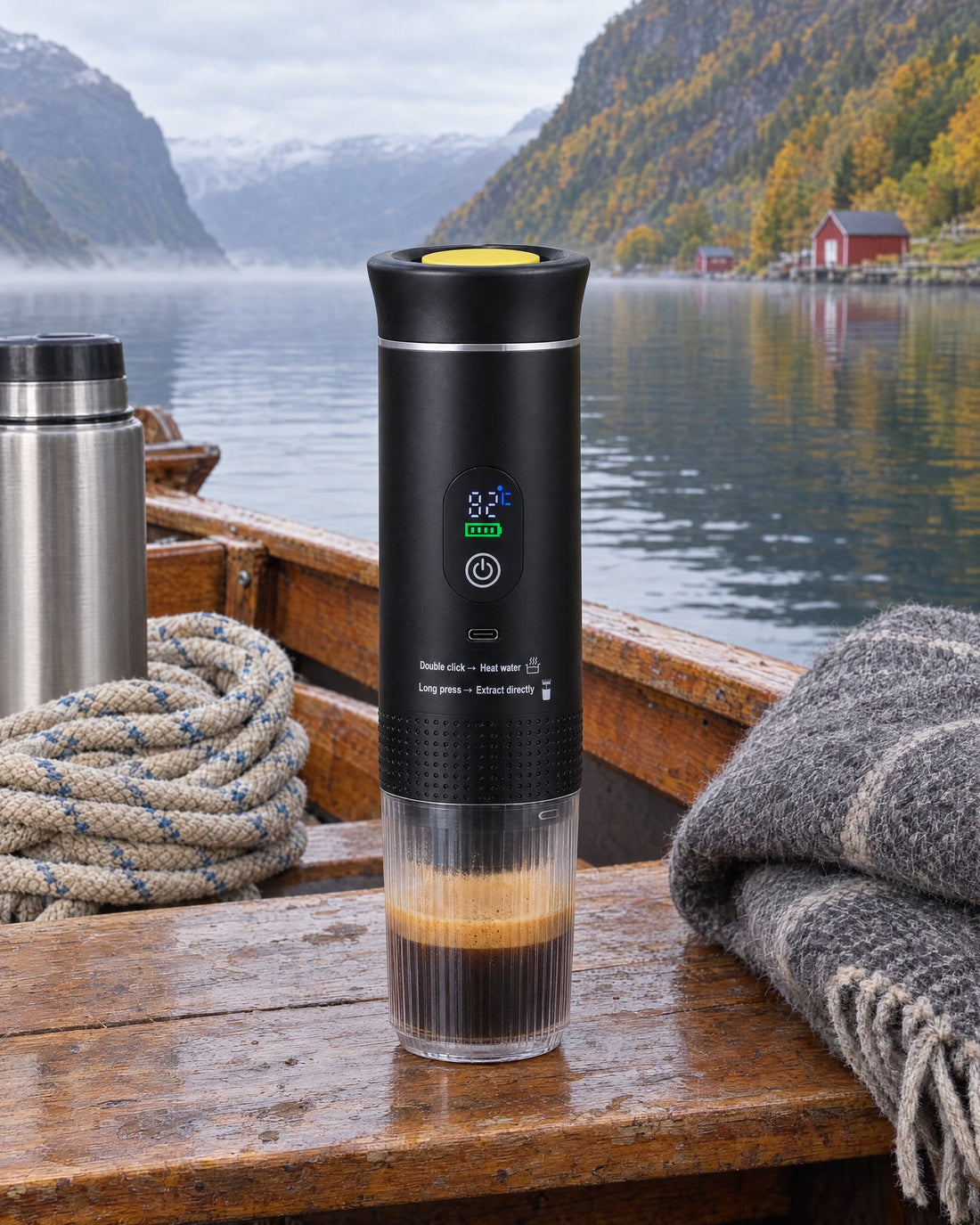 Turbarista i en trebåt på fjorden