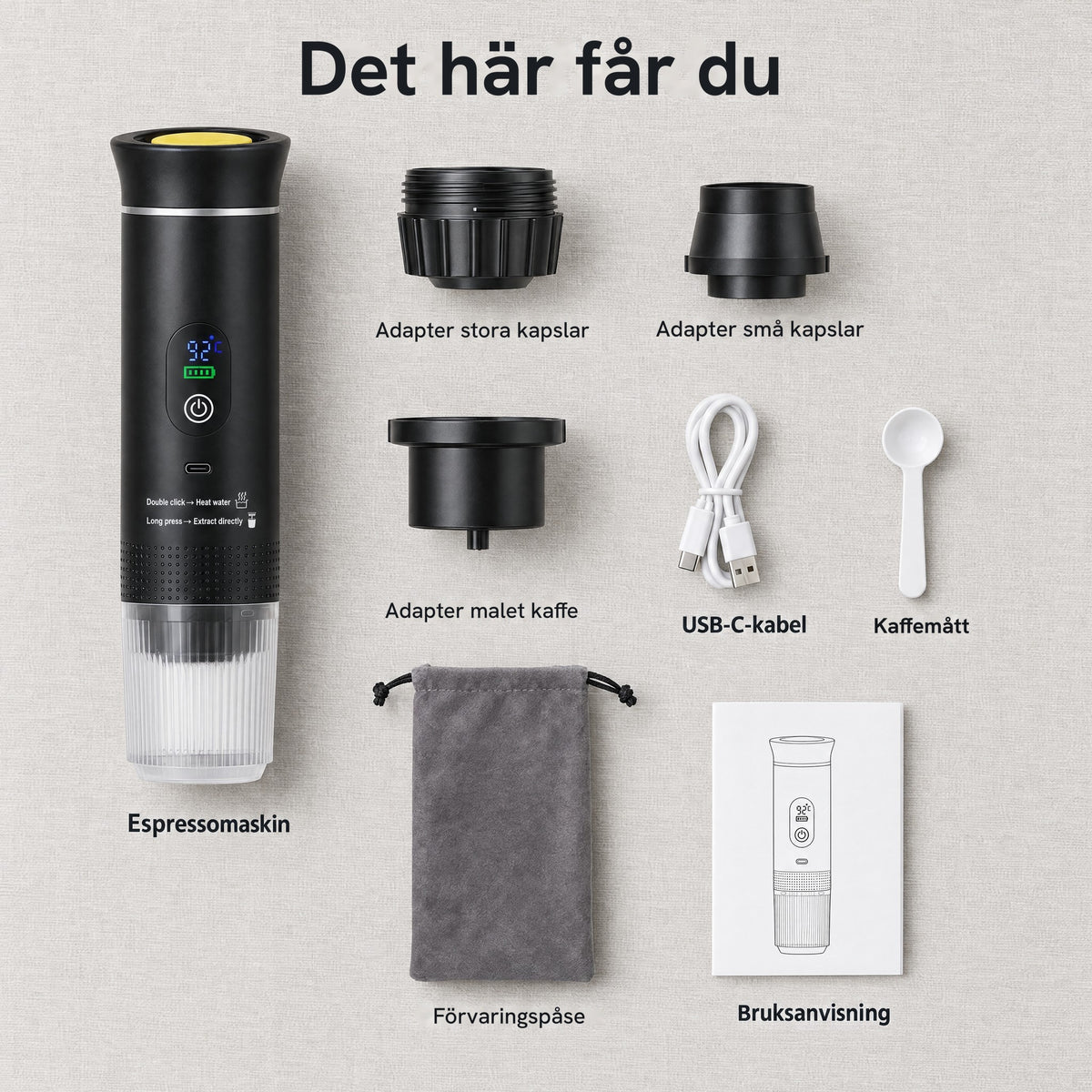 Det här får du: Turbarista, tre adaptrar, USB-C-kabel, kaffemått, förvaringspåse och bruksanvisning